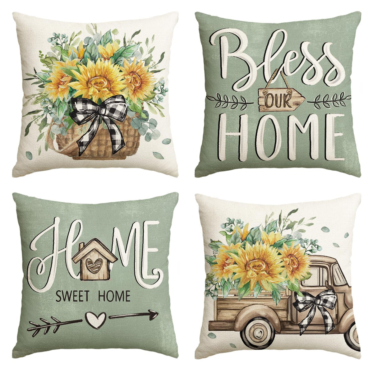 Avoin Colorlife Bless Our Home Sunflower Eucalyptus Leaves Throw Pillow Covers, 18 X 18 Inch Seasonal Spring Summer Truck Home S