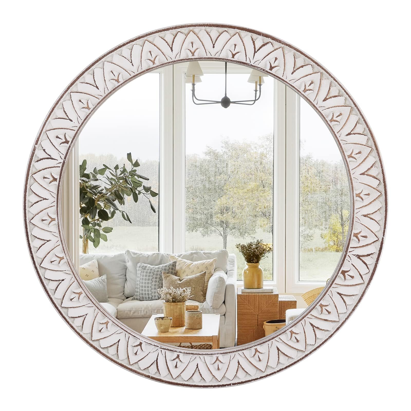 fuxuiwy 24 Round Mirror Farmhouse Wooden Frame Circle Mirrors, Rustic Decorative Distressed Wall Mounted Mirror for Bathroom, Be