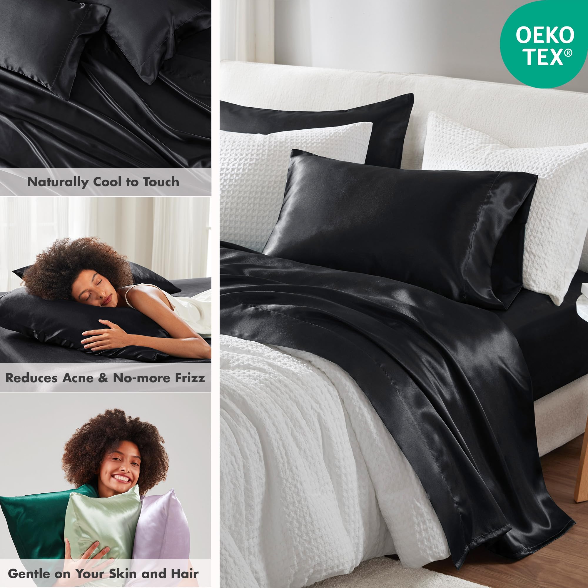 Madison Park Essentials Satin Sheets Twin Size, Luxurious Silky Satin Bed Sheets, Elastic 14' Pocket Fits Up To 16' Mattress, Wrinkle-Free, Soft Satin Bed Sheet Set, Black 4 Piece