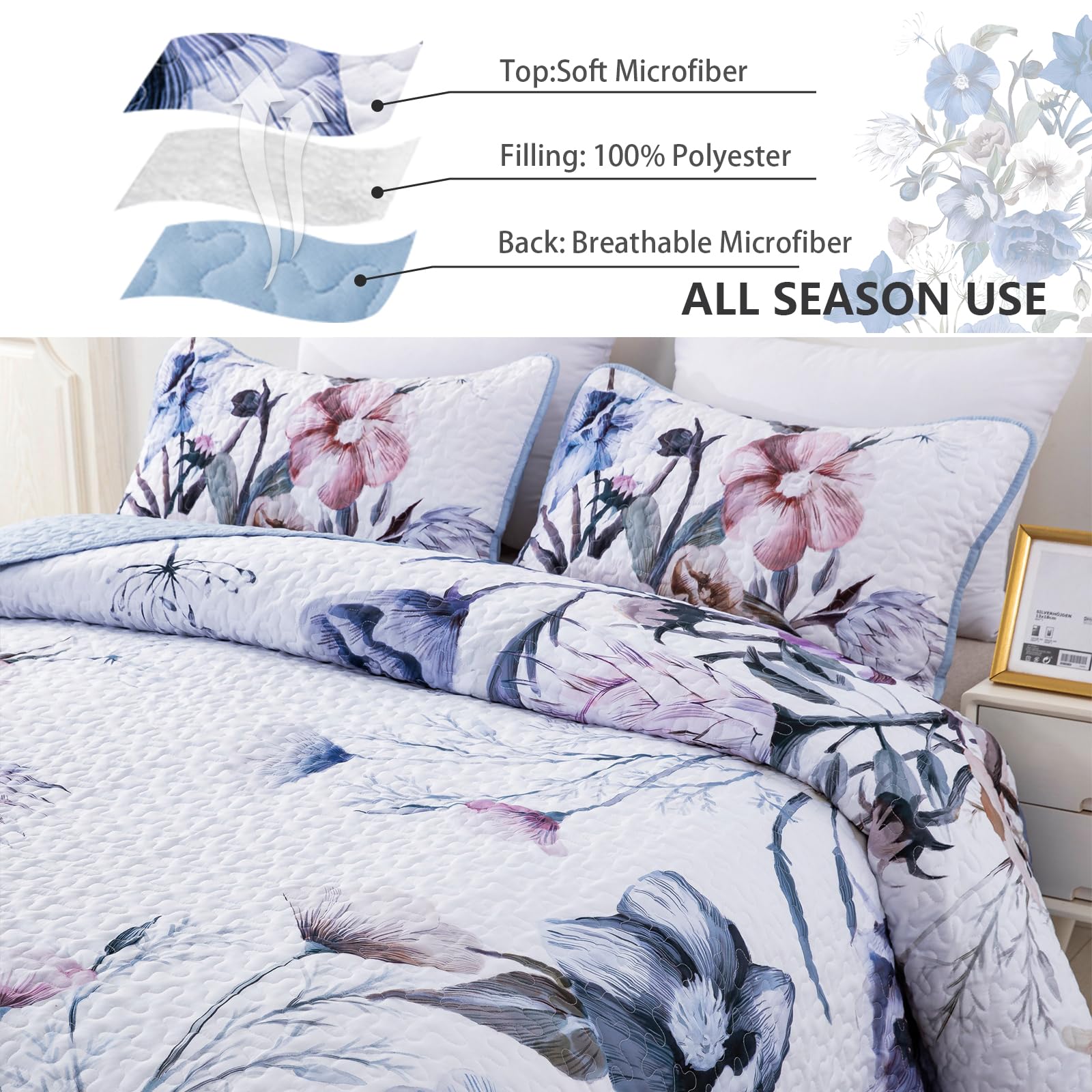 Drucon Floral Quilt Set King 3 Pieces Light Blue Floral Quilt Coverlet Set Soft Microfiber Lightweight Light Blue Quilted Bedspr
