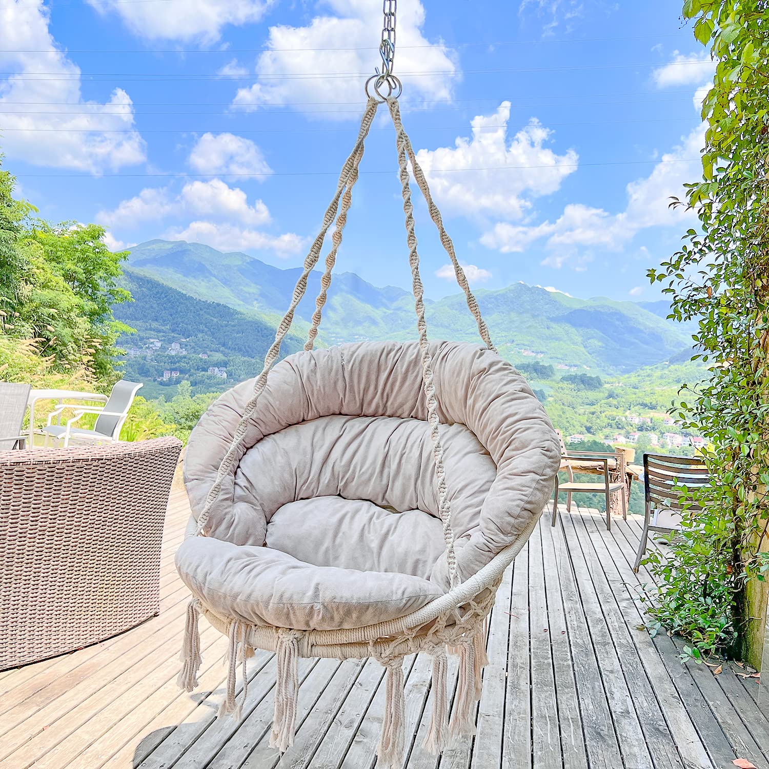 Hammock Chair With Cushion, Handmade Macrame Swing Chair With Hanging Hardware Kits, Bohemian Style Cotton Rope Hanging Chair Fo