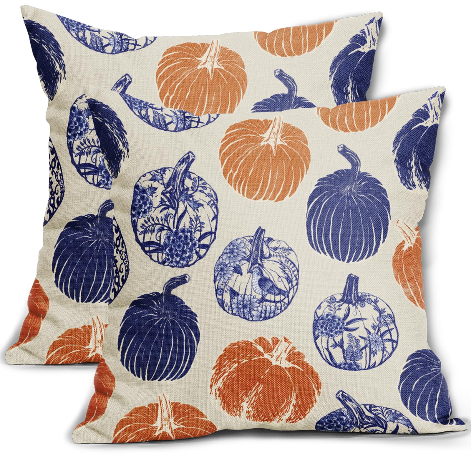 Aytipun Blue Orange Pumpkin Fall Pillow Covers 18X18 Set Of 2 Chinoiserie Autumn Thanksgiving Grandmillennial Decorative Throw P