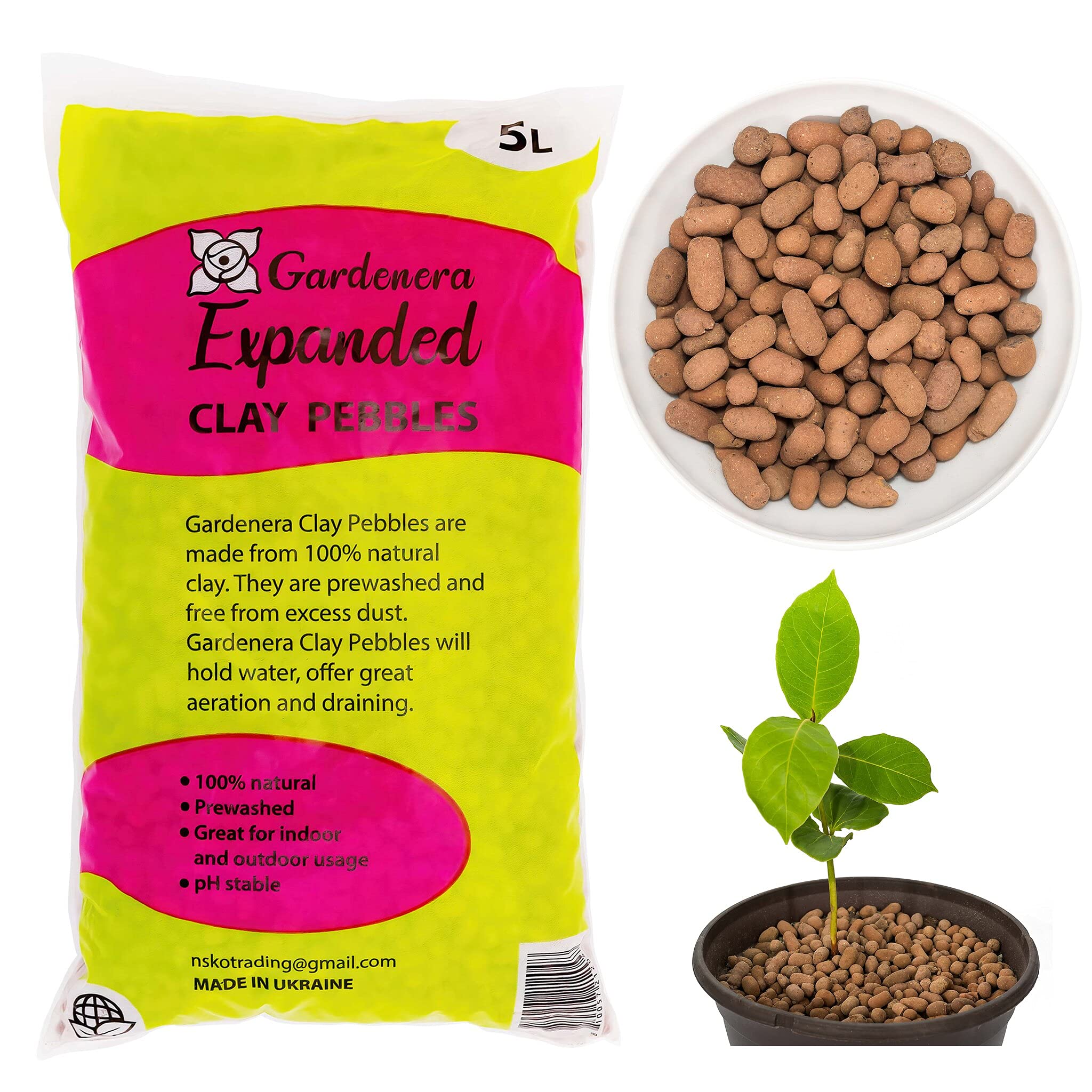 Gardenera - Organic Expanded Clay Pebbles (5 Liter) - Made From 100% Natural Clay, Can Be Used For Drainage, Decoration, Aquapon