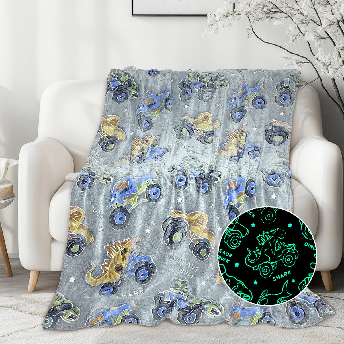 Wesan Dinosaur Glow In The Dark Blanket Boys Dino Toys Kids Shark Truck Toy For Teens Children Girls Birthday Valentine'S Easter