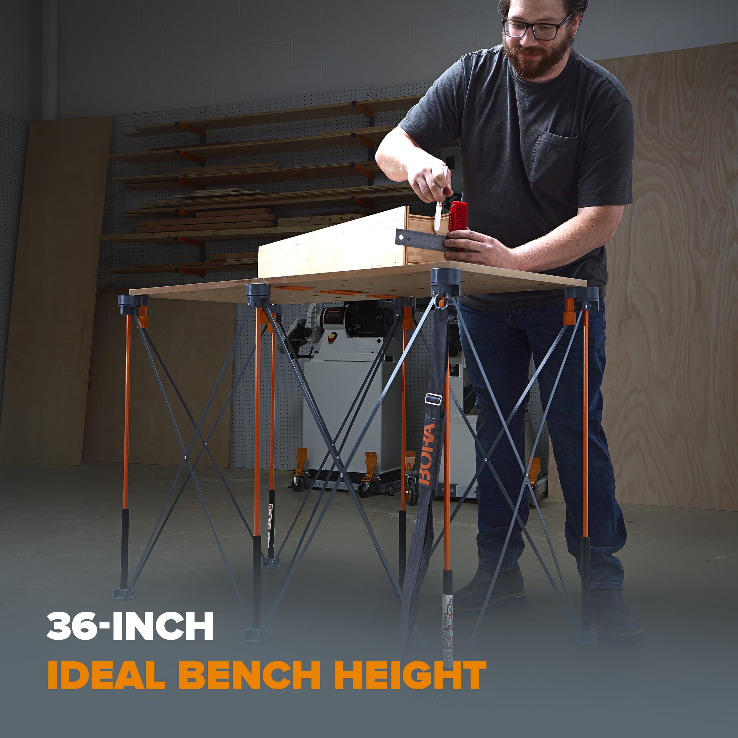 Bora Centipede Ct6 36 Inch Tall Portable Folding Workstand With Carry Strap, Collapsible Workbench, Construction Table, Support, Sawhorse, 2Ft X 4Ft, 36 Inch Work Height, 2,500Lb Weight Capacity