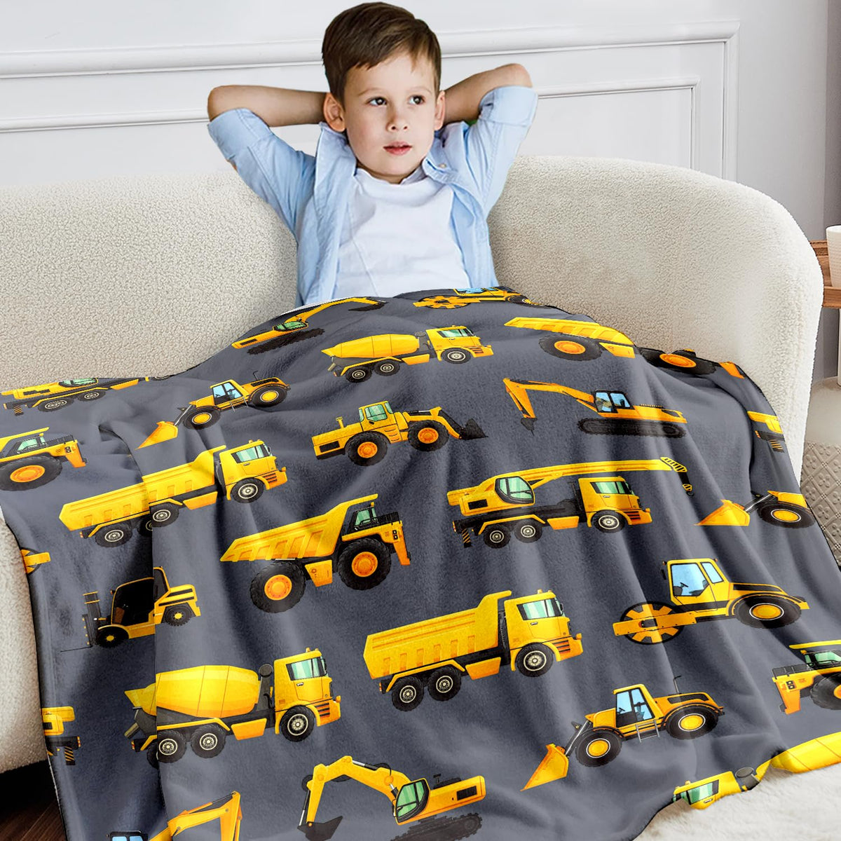Wajade Kids Construction Truck Blanket For Boys Soft Fleece Kids Blanket For Couch Sofa Bedroom 3D Vehicles Excavator Cars Throw