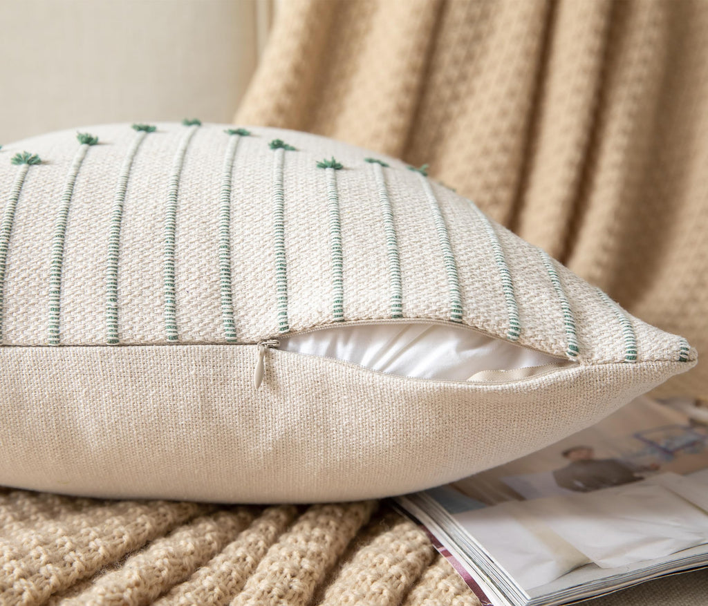 Caflife Boho Throw Pillow Covers 20X20 Set Of 2 Decorative Pillows For Bed, Neutral Pillow Covers Beige With Green Line Throw Pi