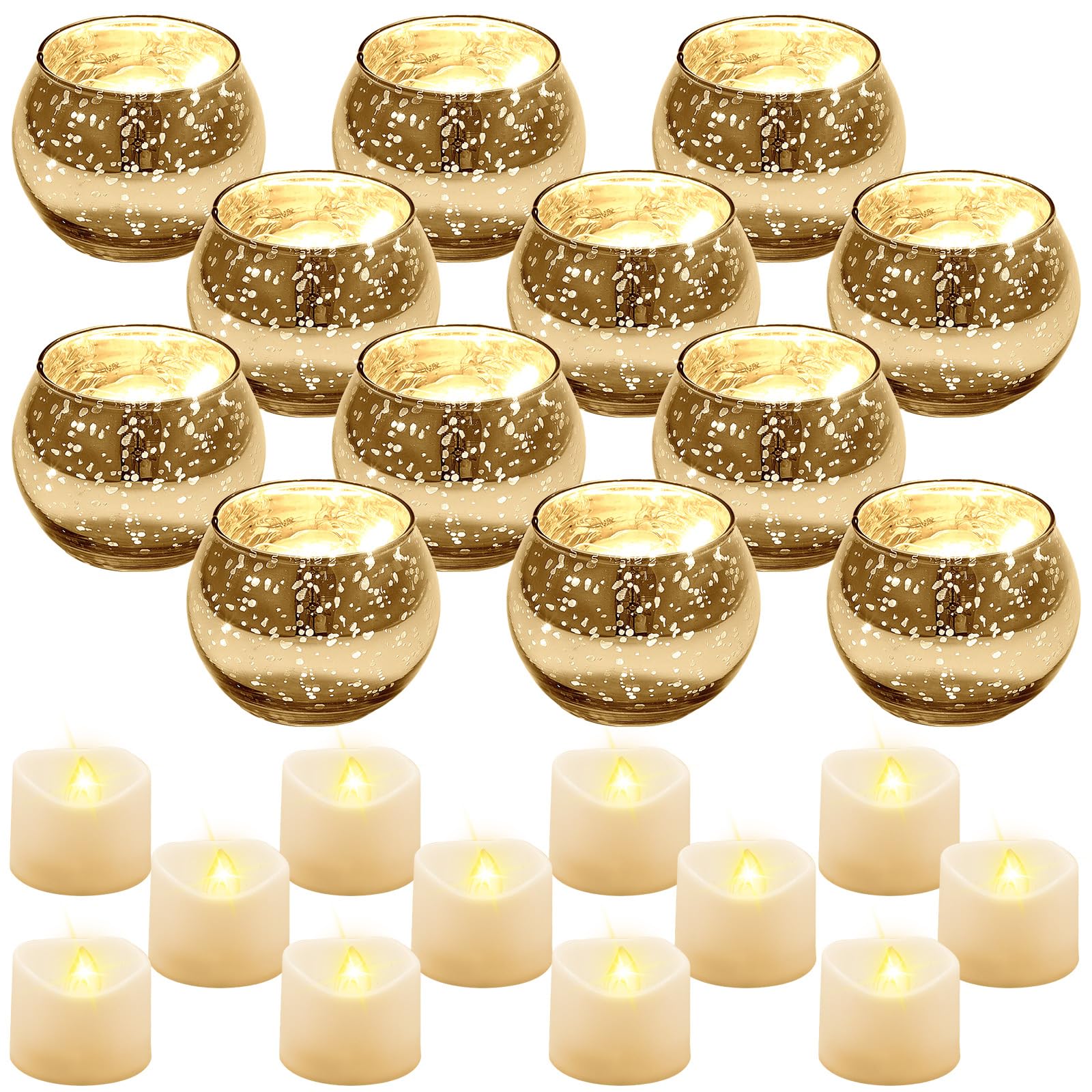 Rtteri 12 Set Christmas Votive Candle Holders Centerpiece Table Decorations Speckled Mercury Glass Votive Candle Holders with Te
