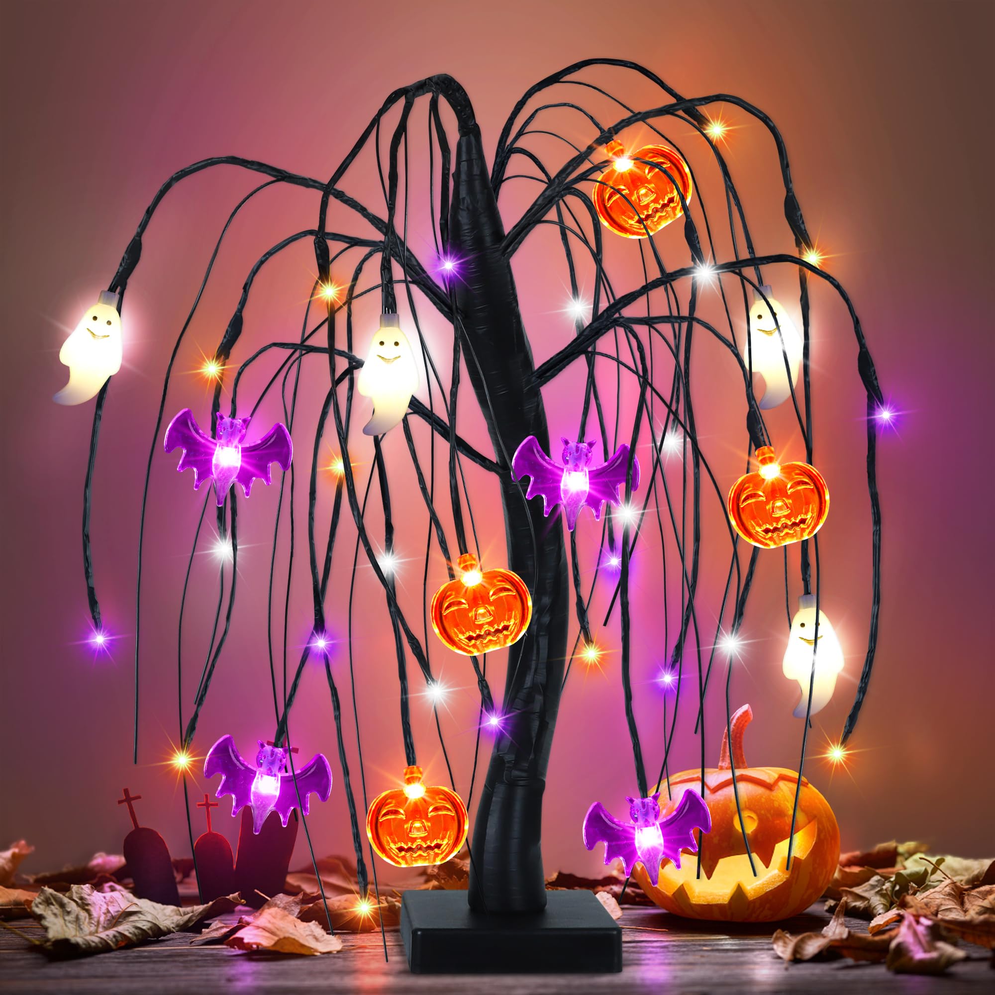 Halloween Table Decorations 18 Inch 36 LED Halloween Willow Tree with Pumpkin Bat Ghost Lights, Timer/USB/Battery Operated Black