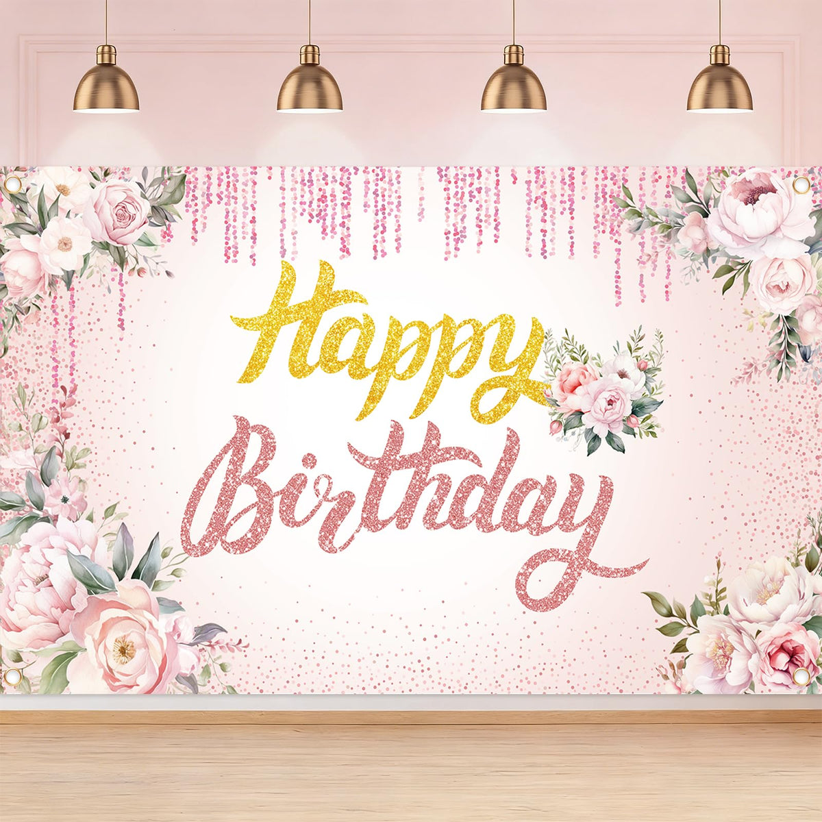 Pink Floral Happy Birthday Backdrop Banner for Women Grils