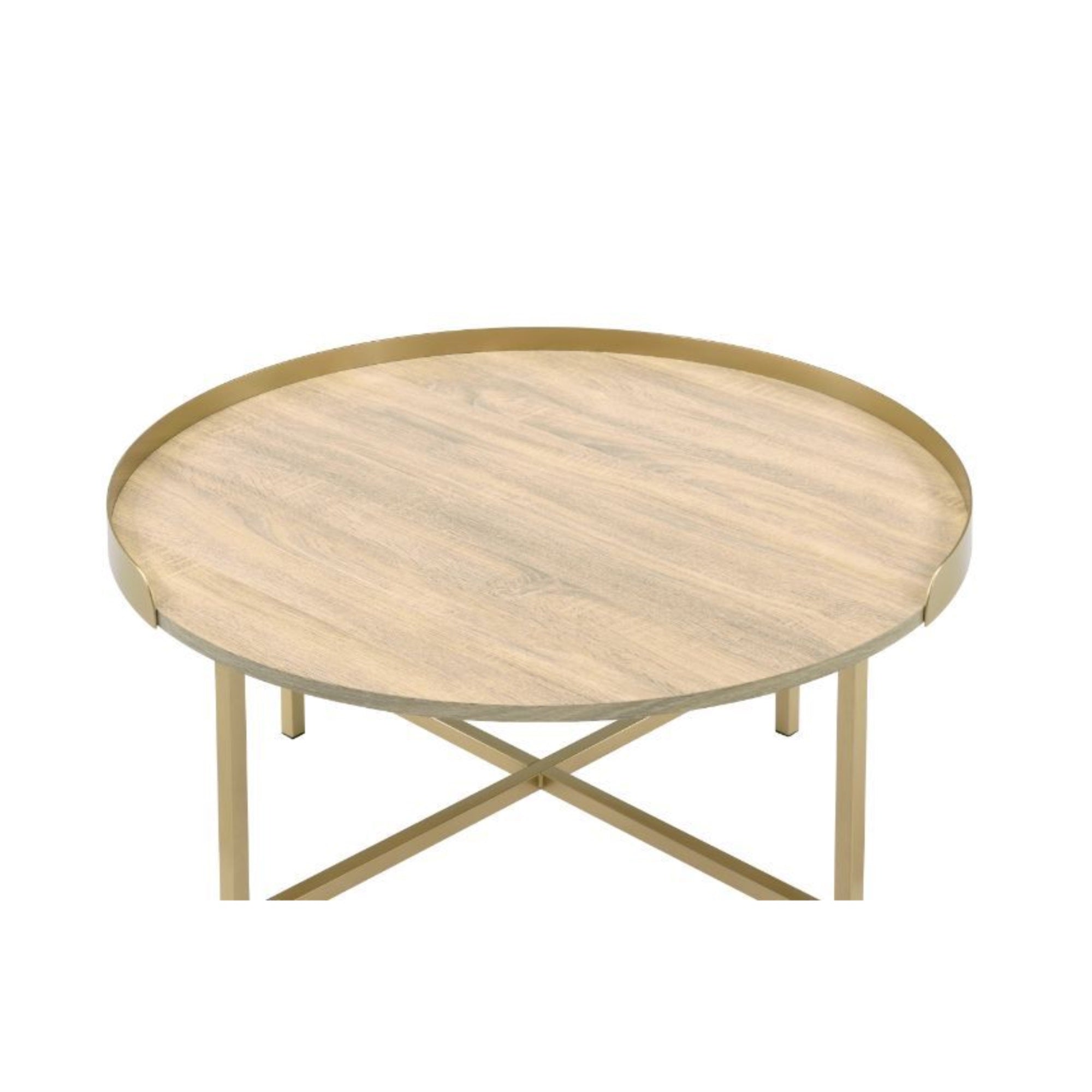 Acme Mithea Round Wooden Coffee Table With Tray Top In Oak And Gold