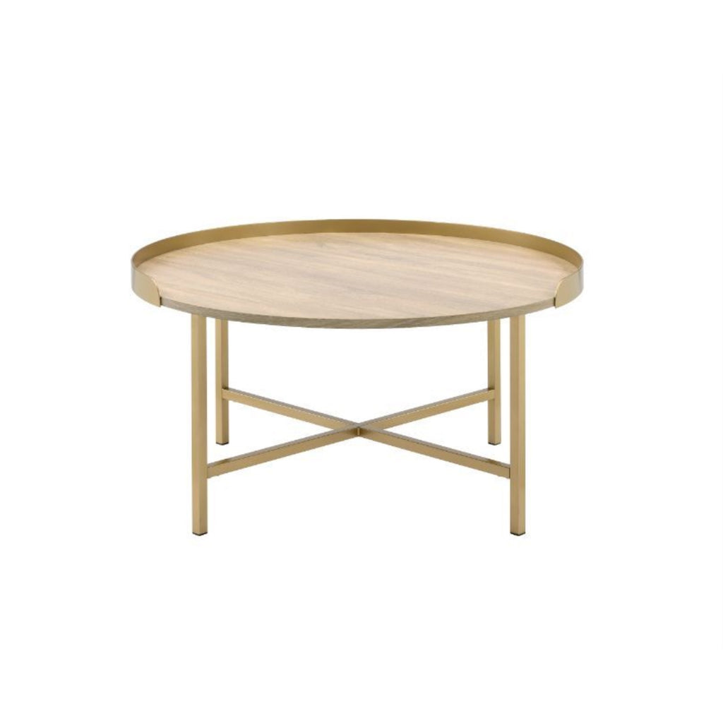 Acme Mithea Round Wooden Coffee Table With Tray Top In Oak And Gold