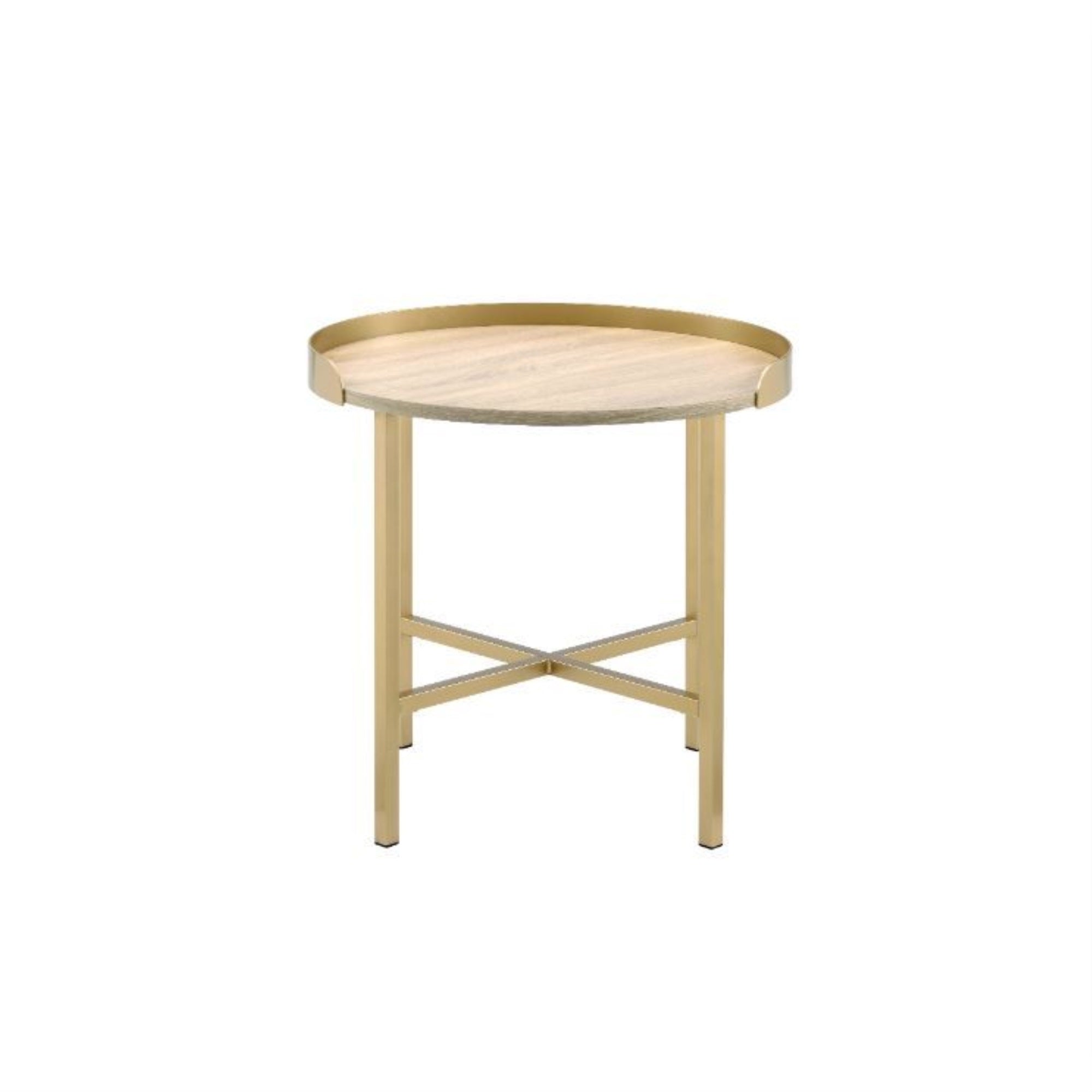 Acme Mithea Round Wooden Top End Table with Cross Bar Base in Oak and Gold