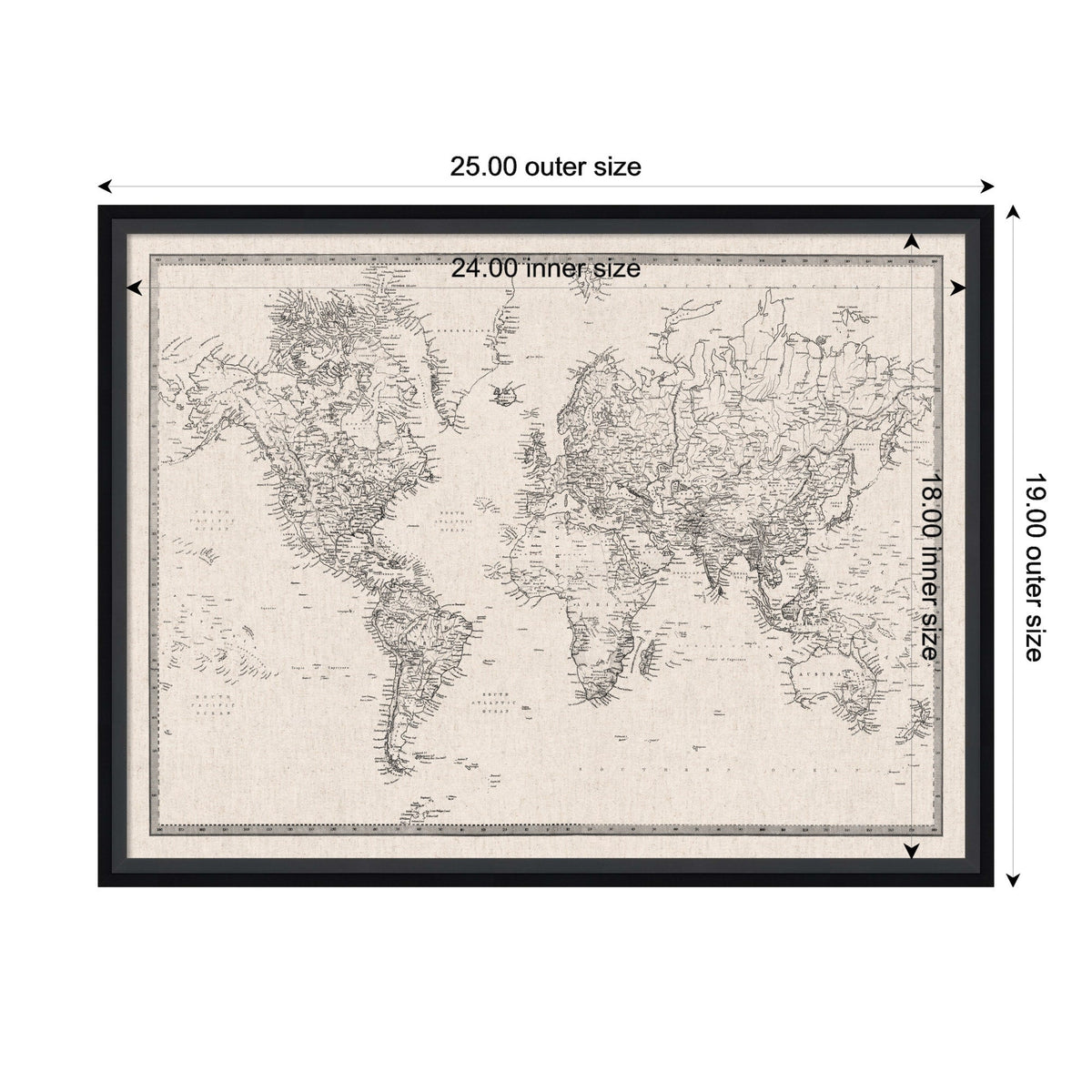 Framed Fabric Pinboard Vintage Black and White Linen World Map Wall Organization