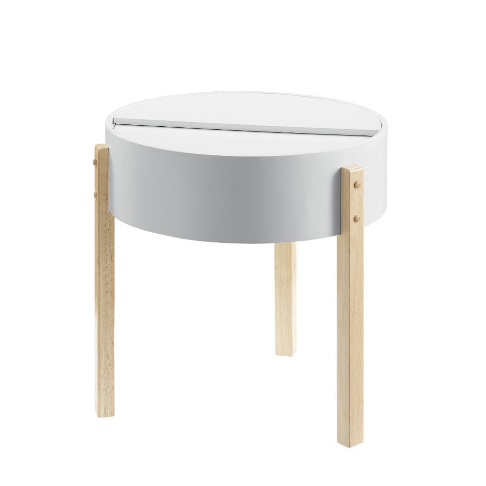 Acme Bodfish Round Wooden End Table With Hidden Storage In White And Natural