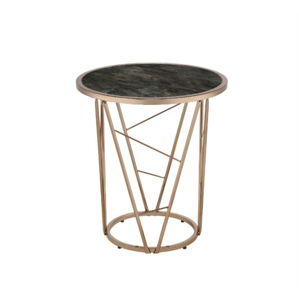 Acme Cicatrix Round Faux Marble Top End Table in Black and Champagne