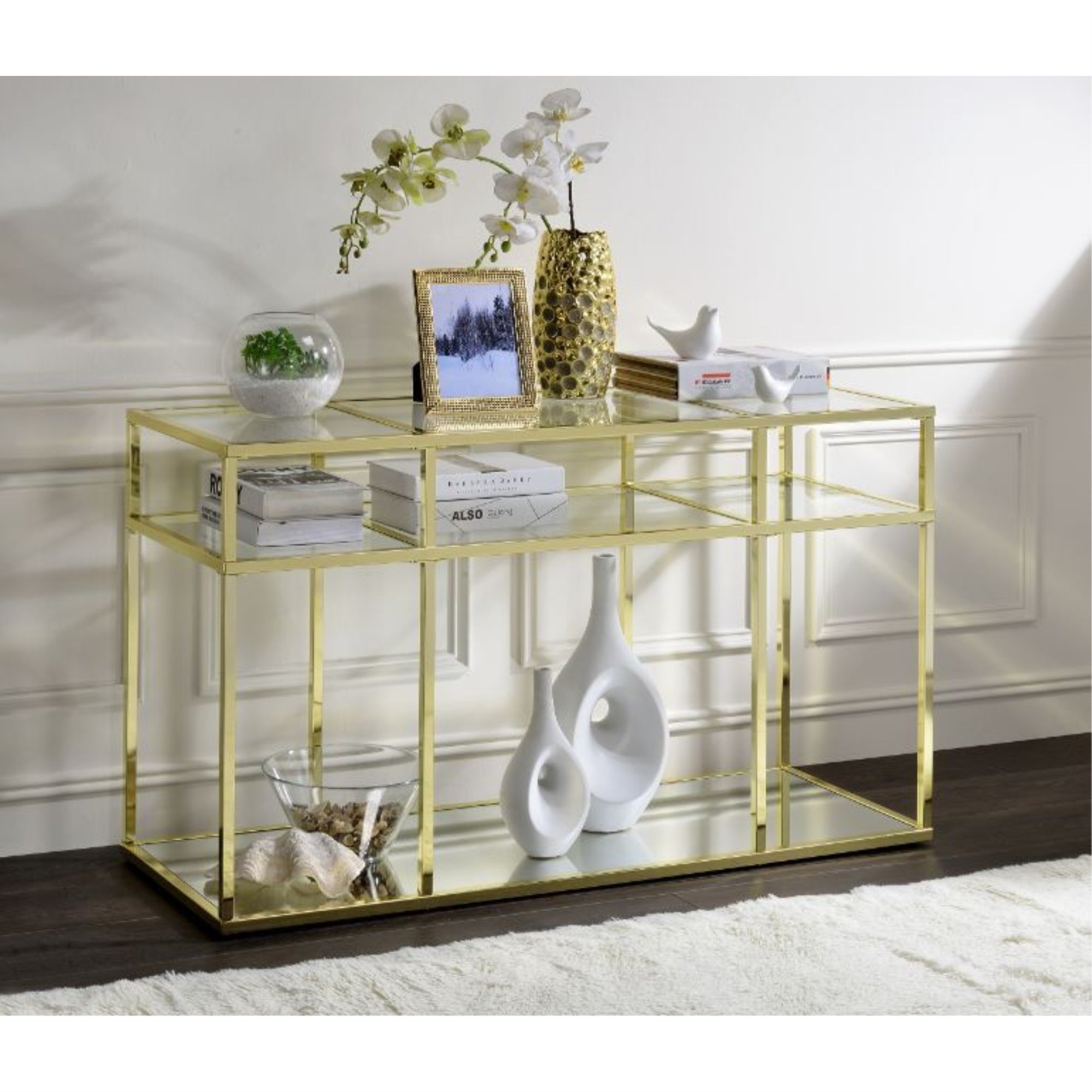 Acme Uchenna Glass Sofa Table With Metal Frame In Clear And Gold