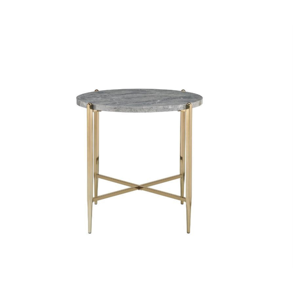 Acme Tainte Round Faux Marble Top End Table In Gray And Champagne