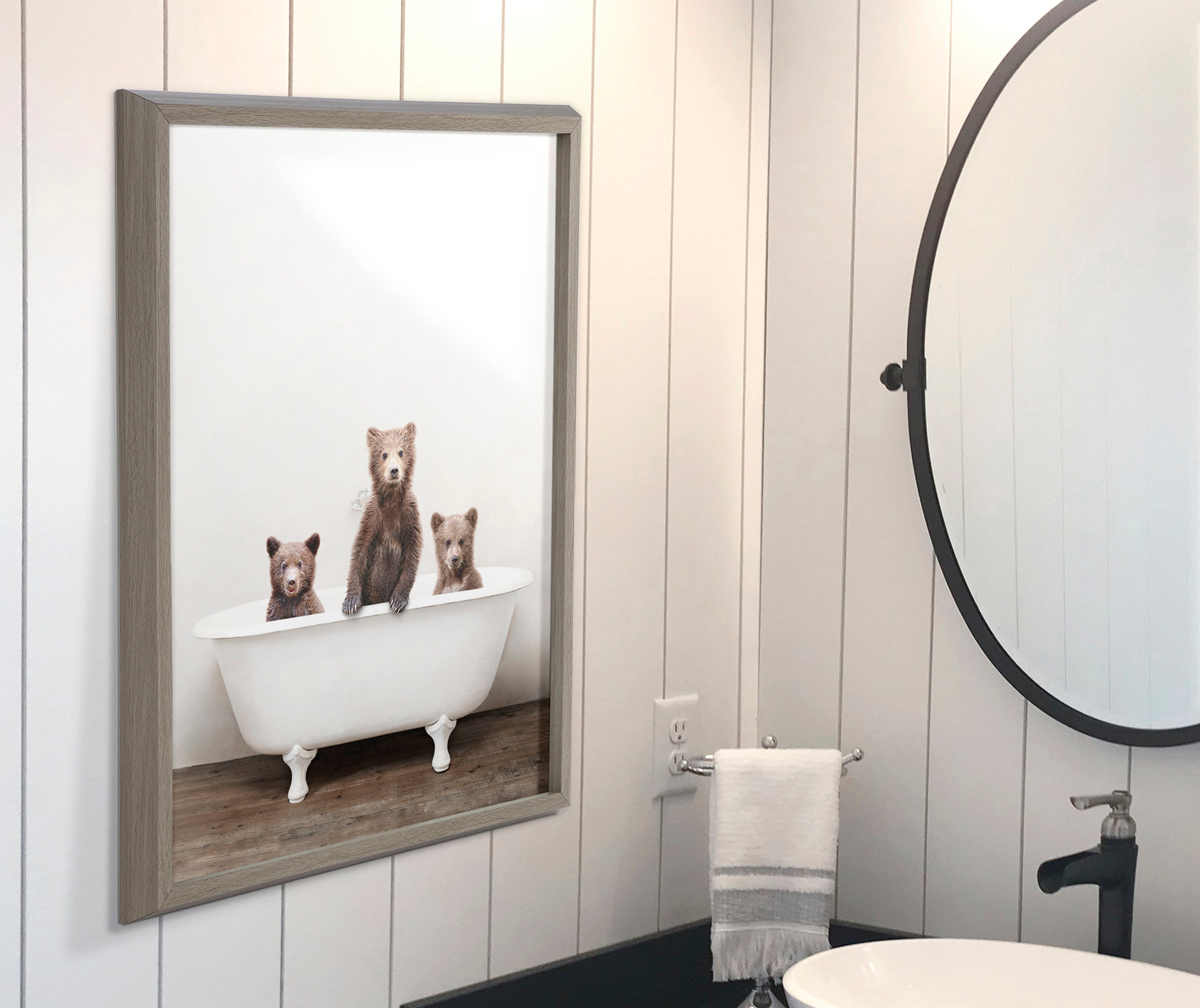 Blake Three Little Bears in Vintage Bathtub Framed Printed Glass by Amy Peterson Art Studio