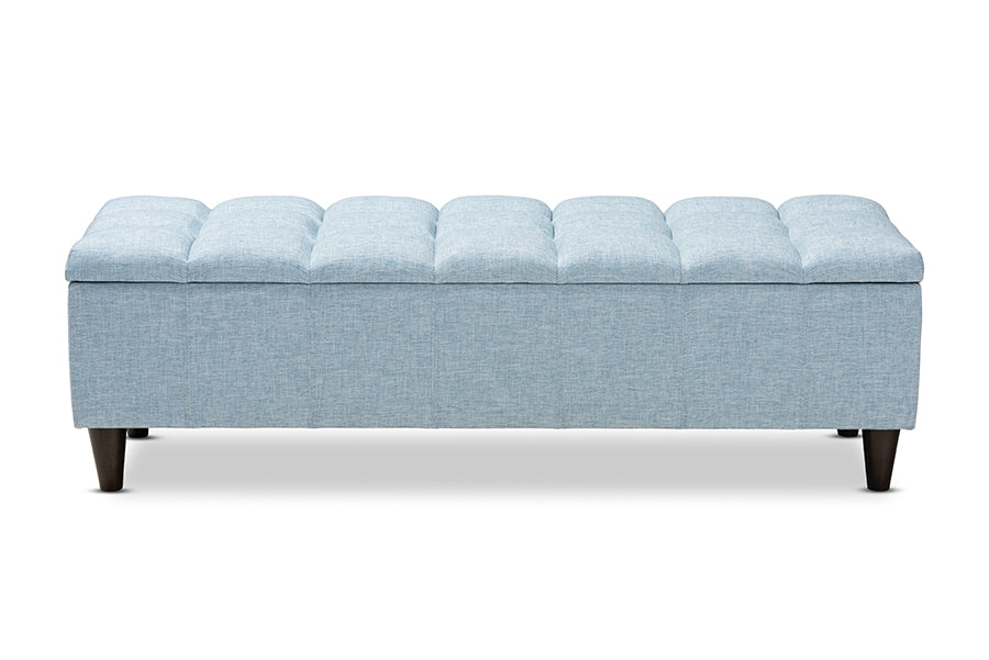 Baxton Studio Brette MidCentury Modern Light Blue Fabric Upholstered Dark Brown Finished Wood Storage Bench Ottoman
