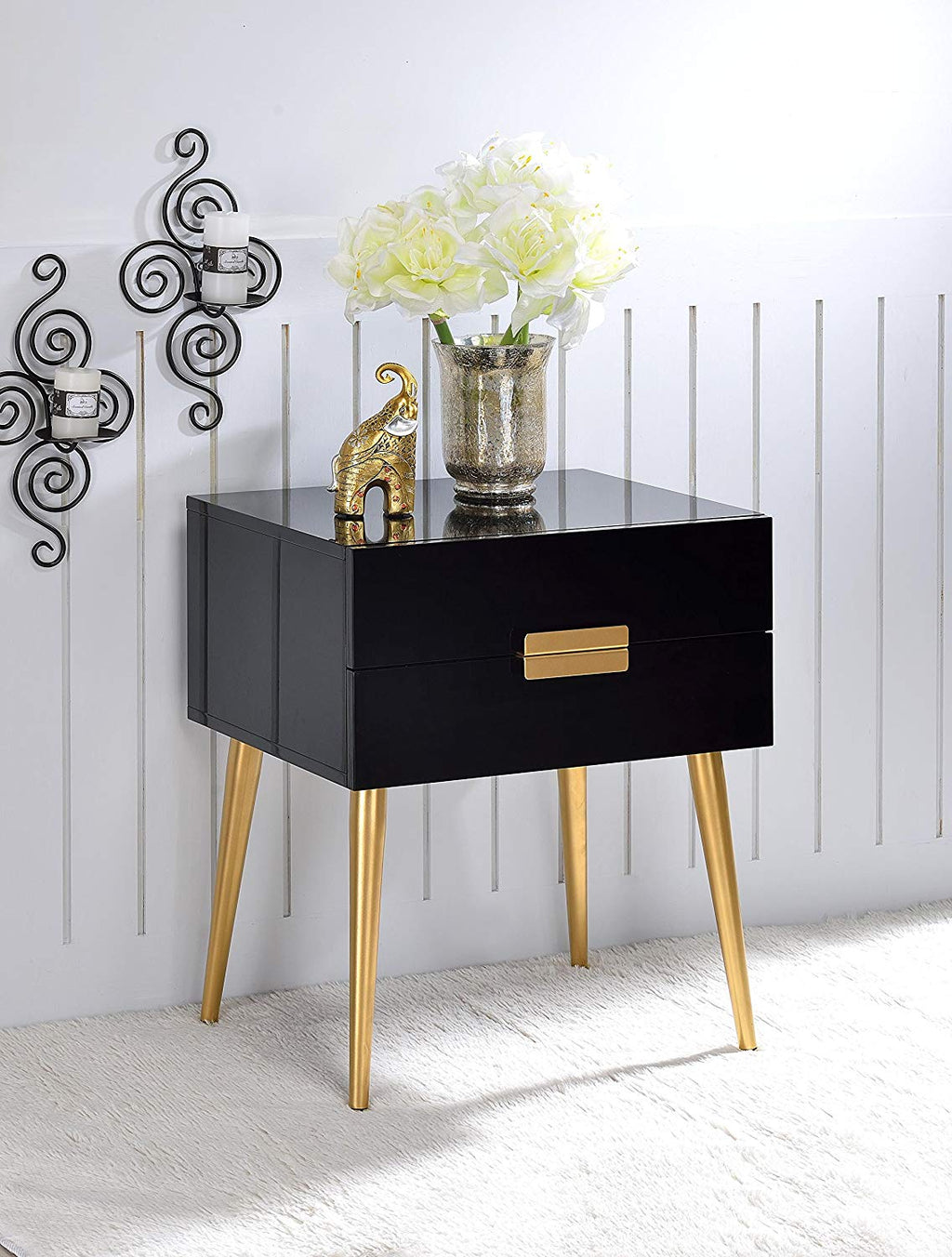 Acme Denvor Rectangular Wooden End Table in Black and Gold