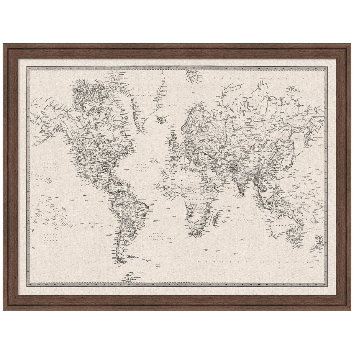 Framed Fabric Pinboard Vintage Black and White Linen World Map Wall Organization