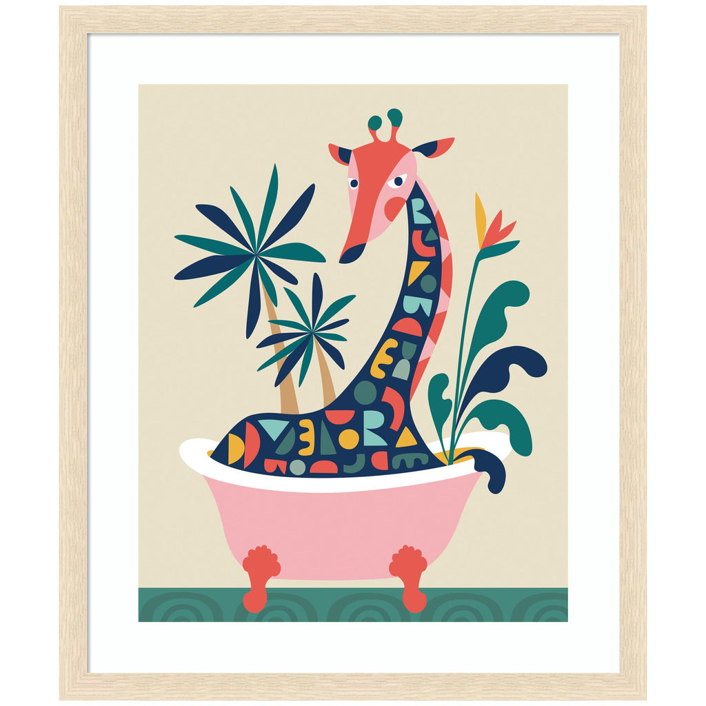 Framed Art Mid Century Modern Giraffe in Bathtub by Rachel Lee