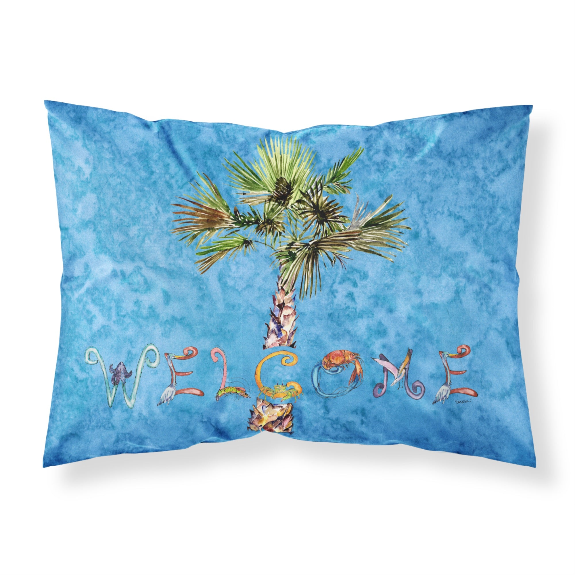 'Caroline'S Treasures 8708Pillowcase Welcome Palm Tree On Blue Fabric Standard Pillowcase, Large, Multicolor'