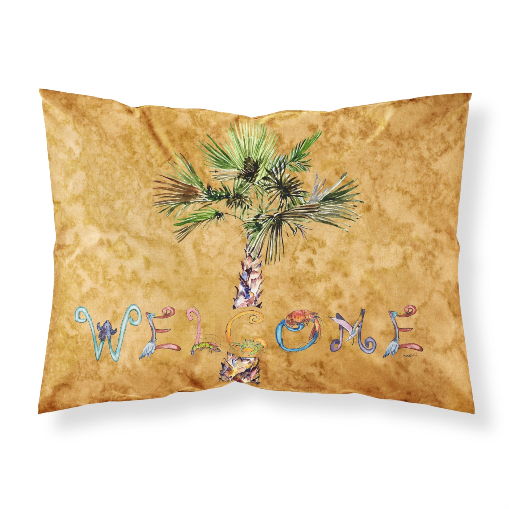 'Caroline'S Treasures 8709Pillowcase Welcome Palm Tree On Gold Fabric Standard Pillowcase, Large, Multicolor'