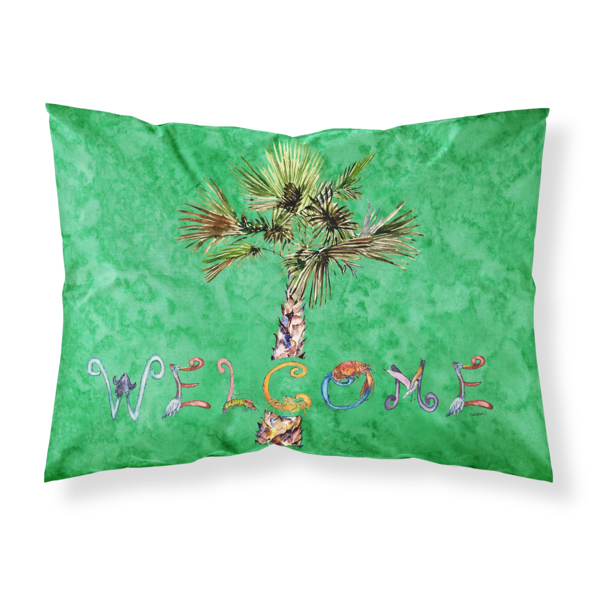 'Caroline'S Treasures 8710Pillowcase Welcome Palm Tree On Green Fabric Standard Pillowcase, Large, Multicolor'