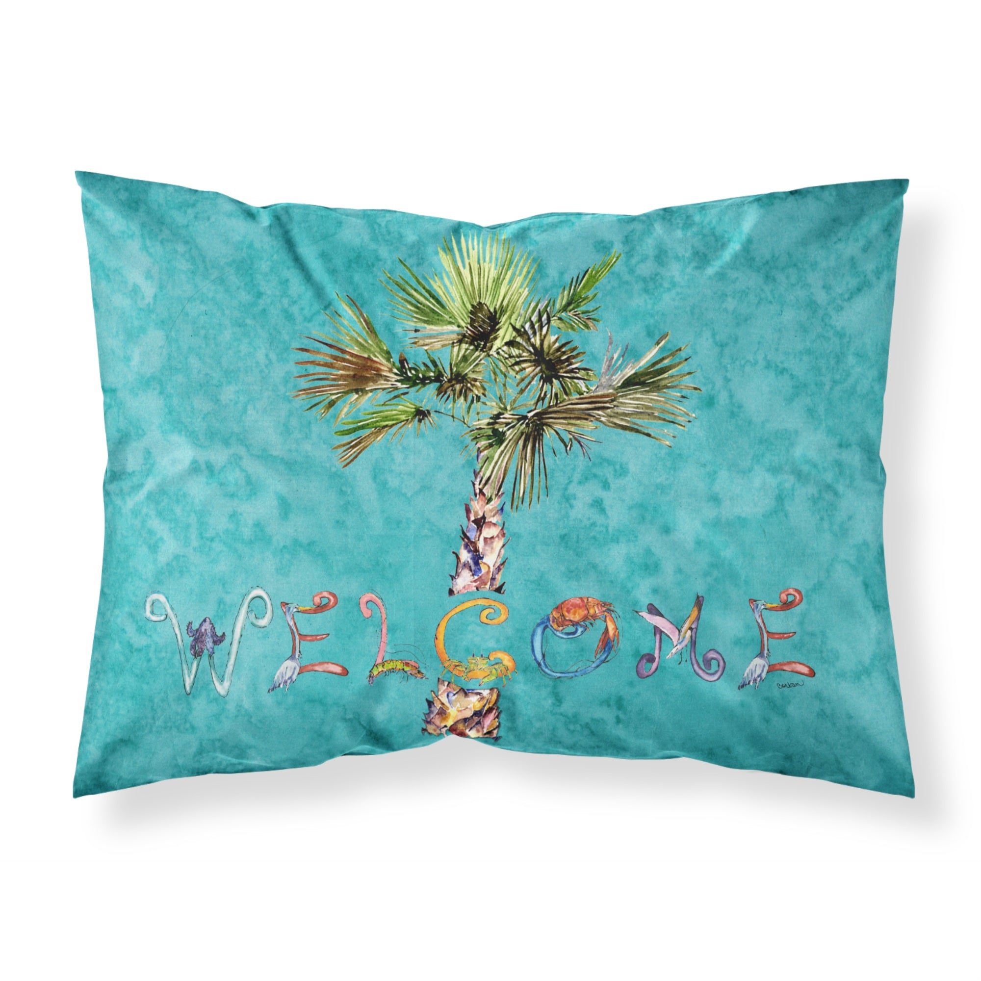 'Caroline'S Treasures 8711Pillowcase Welcome Palm Tree On Teal Fabric Standard Pillowcase, Large, Multicolor'
