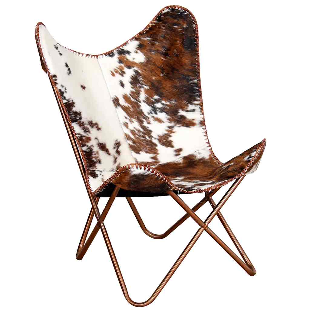 vidaXL Butterfly Chair Brown and White Real Cowhide Leather