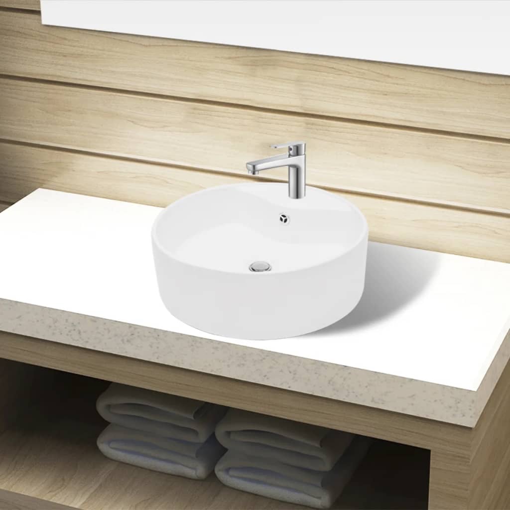vidaXL Ceramic Bathroom Sink Basin FaucetOverflow Hole White Round