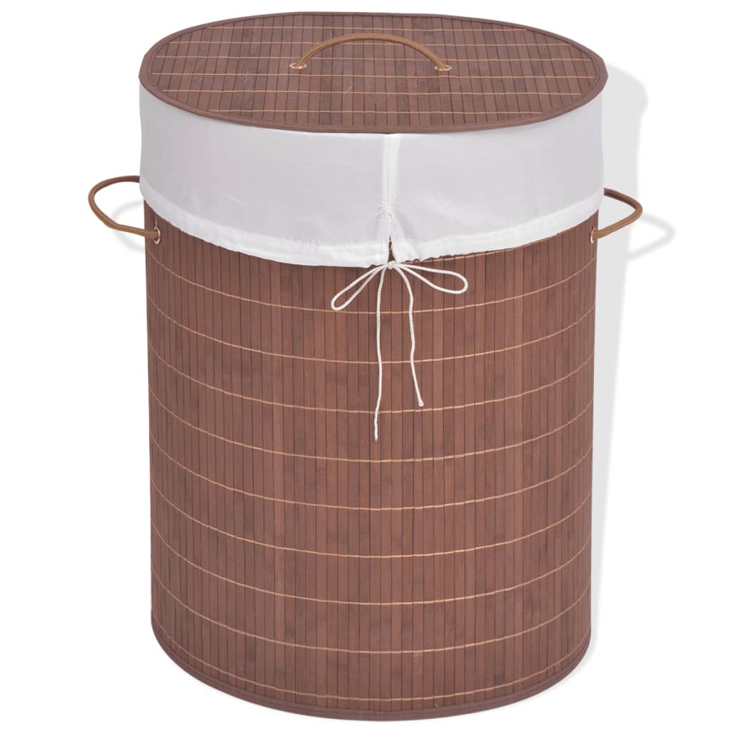 Vidaxl Bamboo Laundry Bin, Oval Brown, Durable And Lightweight, Removable Fabric Liner, Easy To Dismantle And Store, Ideal Household Item