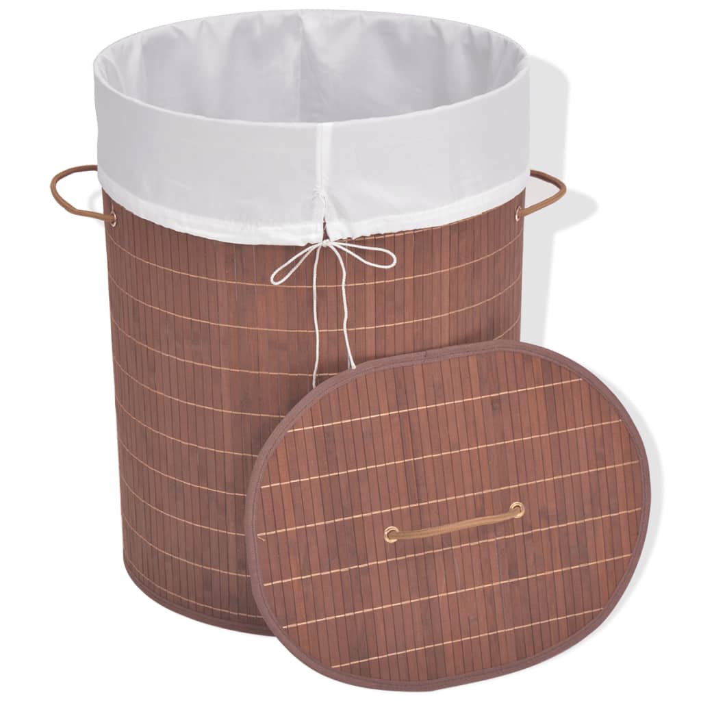 Vidaxl Bamboo Laundry Bin, Oval Brown, Durable And Lightweight, Removable Fabric Liner, Easy To Dismantle And Store, Ideal Household Item