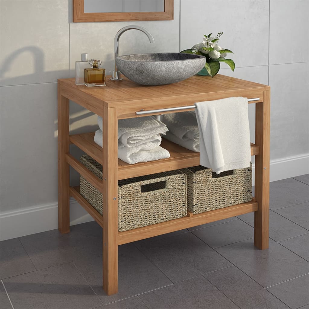vidaXL Bathroom Vanity Cabinet with 2 Baskets Solid Teak 29.1 x 17.7 x 29.5