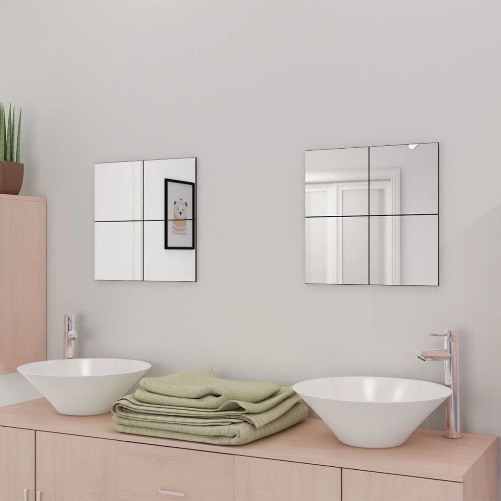 Vidaxl Frameless Mirror Tiles Glass 8 Pcs 8.1&quot;- Square, Resistant Reflective Glass Wall-Mounted With Stainless Steel Hangers And Stickers Included - Silver