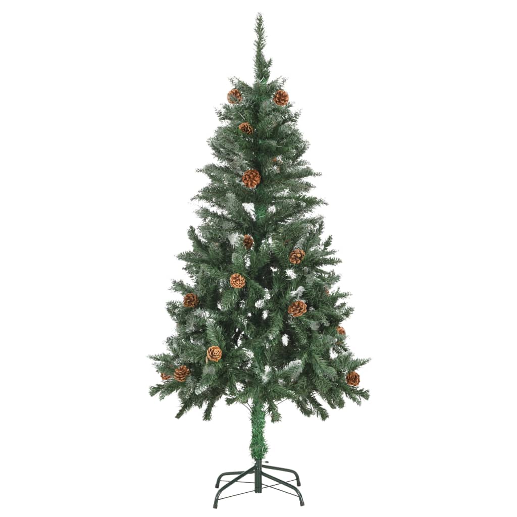 Vidaxl 5 Ft Artificial Christmas Tree With Pine Cones And White Glitter – Long-Lasting Pvc And Iron, Economical, Easy Assembly, Festive Traditional Design, Green And White