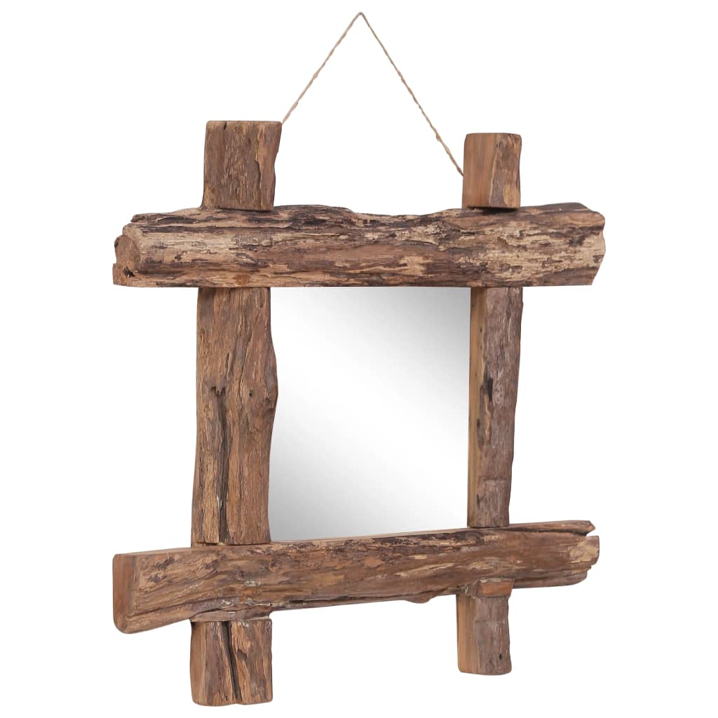 Vidaxl Log Mirror – Solid Reclaimed Wood Accent Mirror With Natural Finish – Rustic Square Wall-Mounted Mirror For Bathroom, Bedroom, And Living Spaces – 19.7&quot;X19.7&quot;