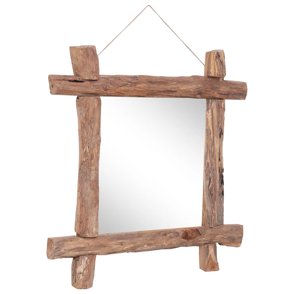 Vidaxl Log Mirror, Square, Natural Solid Reclaimed Wood Wall-Mounted Dresser, Rustic Style, Polished And Lacquered