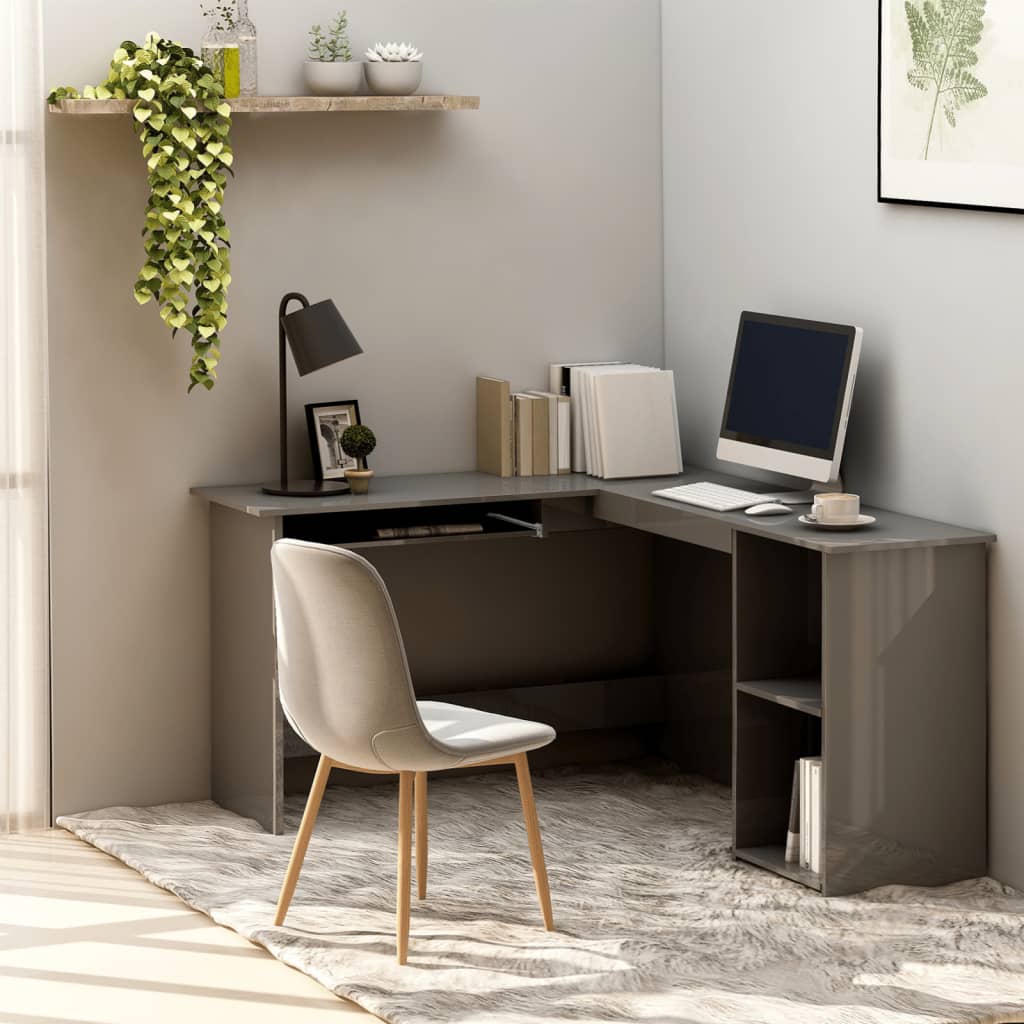 vidaXL L-Shaped Corner Desk High Gloss Gray 47.2 x 55.1 x 29.5 Engineered Wood