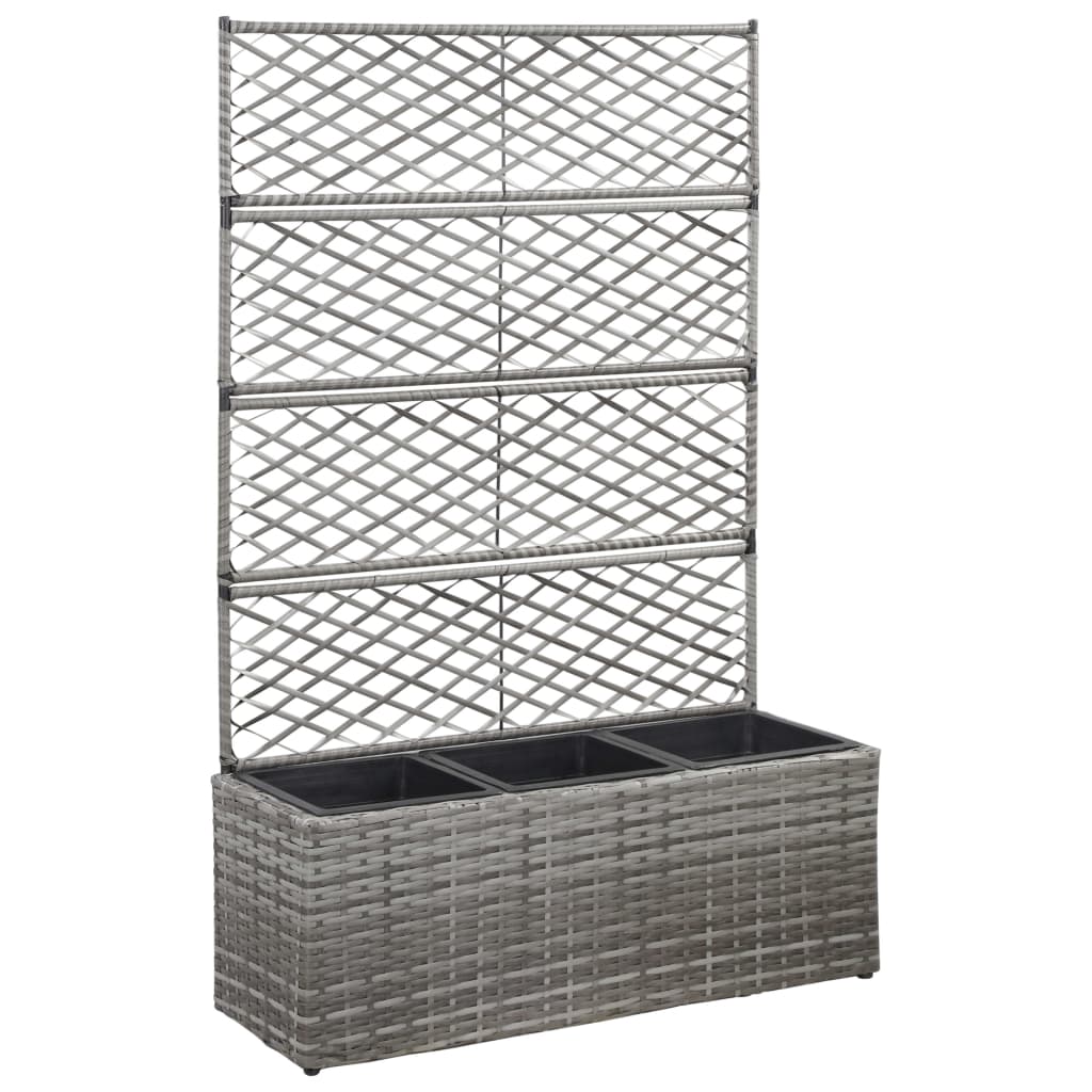 vidaXL Trellis Raised Bed with 3 Pots 32.7''x11.8''x51.2'' Poly Rattan Gray