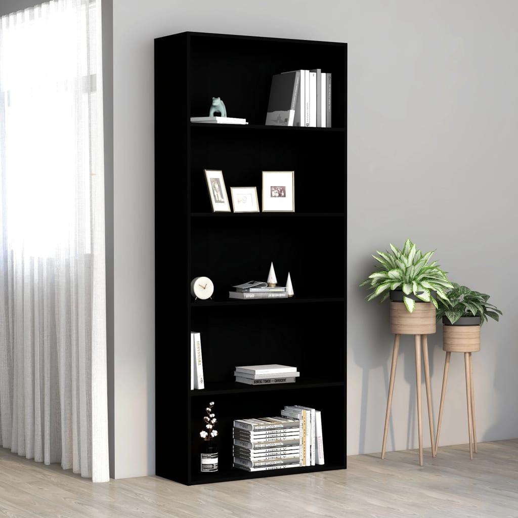 vidaXL 5-Tier Book Cabinet Black 31.5''x11.8''x74.4'' Engineered Wood