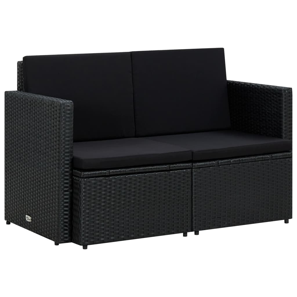 vidaXL 2 Seater Patio Sofa with Cushions Black Poly Rattan