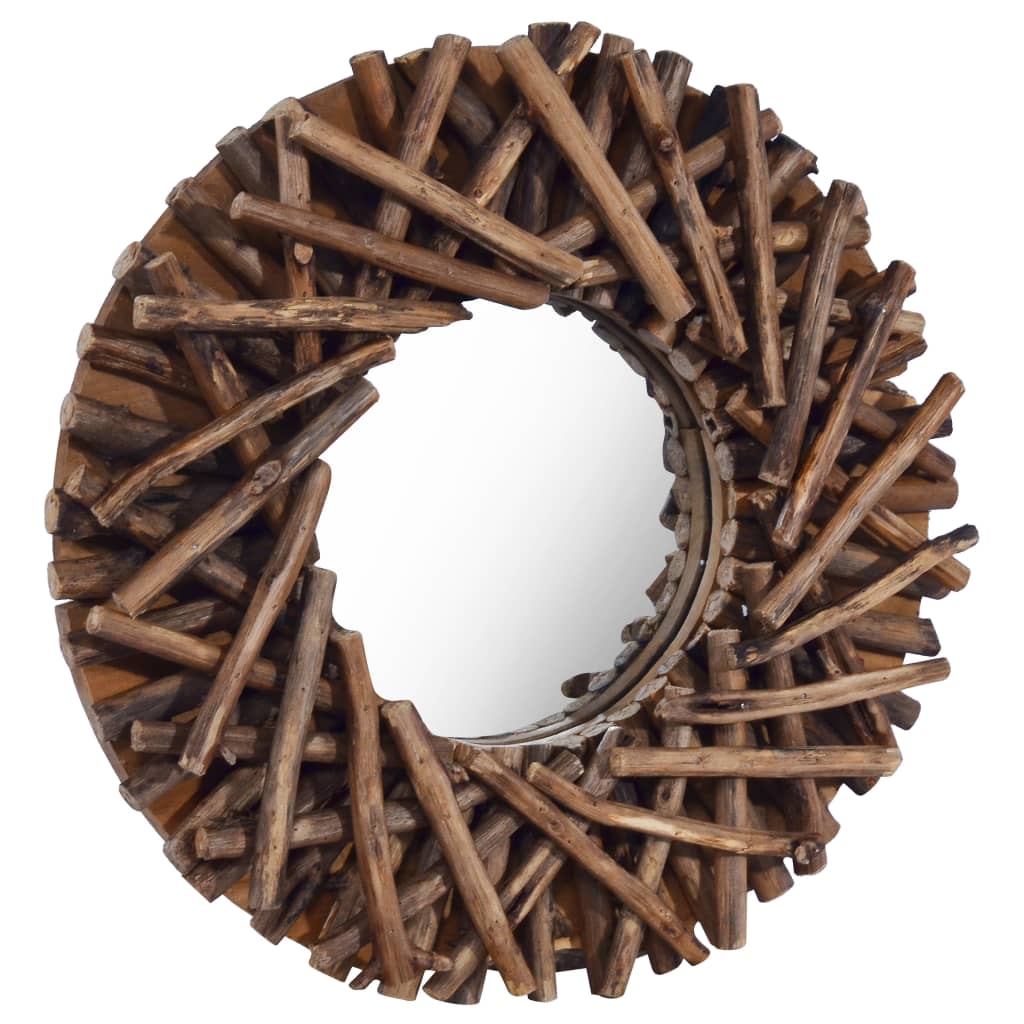 Vidaxl Round Teak Wall-Mounted Mirror - 15.7", Rustic Farmhouse Natural Solid Wood Tree Branch Frame, Easy-To-Install, Great For Bathroom/Home Decor