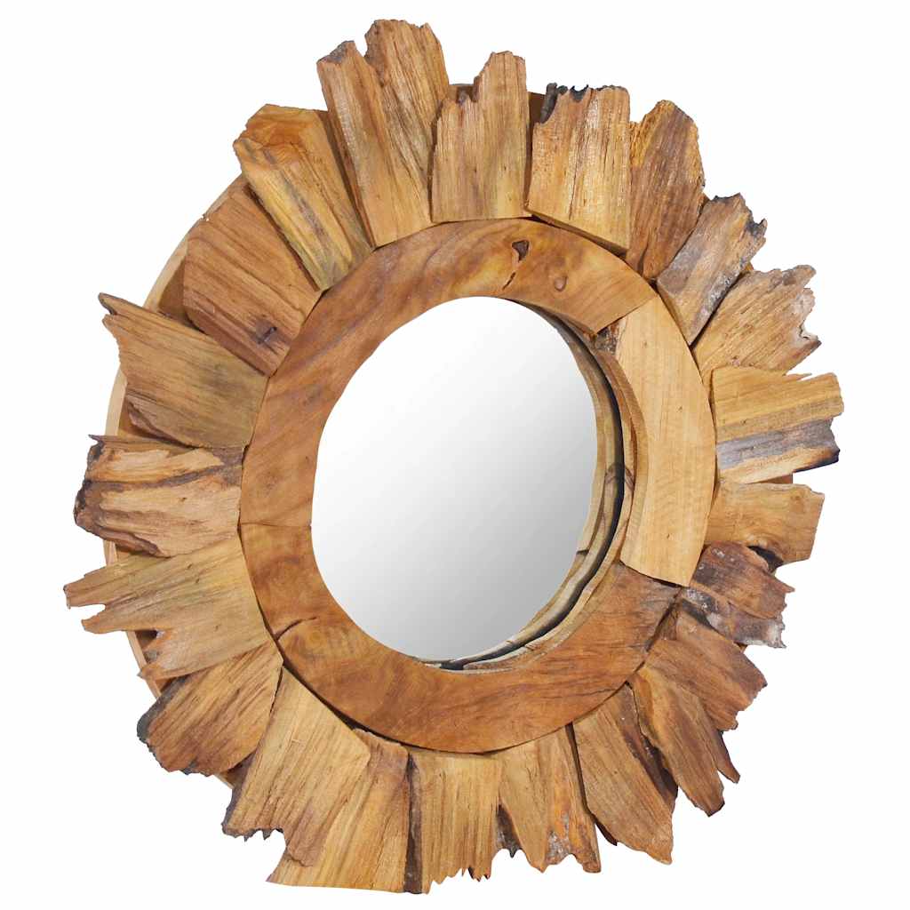 Vidaxl Solid Teak Wood Decorative Mirror - Round Bathroom/Wall Mirror With Handmade Rustic Petal Frame, Natural Brown Variations, 15.7&quot; Diameter