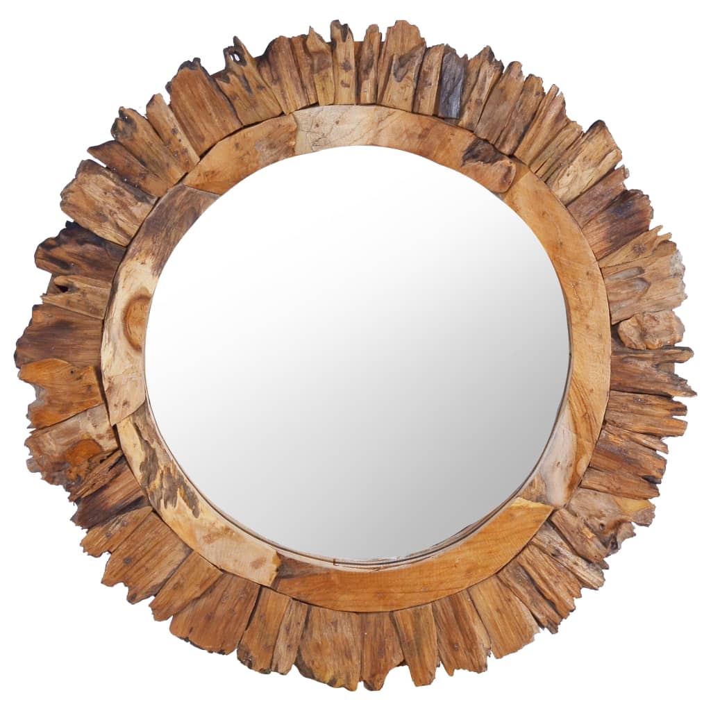 Vidaxl Solid Teak Wood Framed Round Wall Mirror - 23.6&quot; Rustic Brown Hanging Decor For Living Room, Bedroom, Hallway