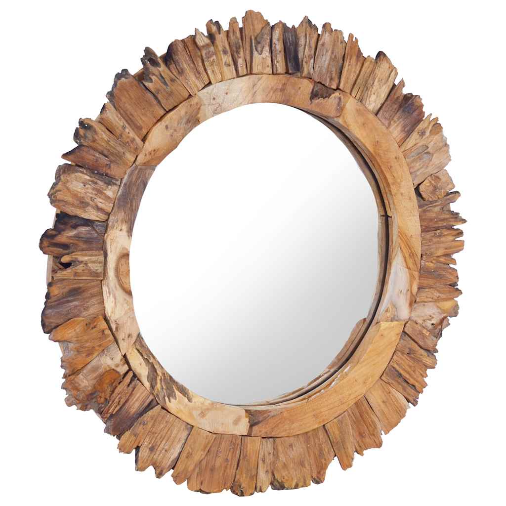 Vidaxl Solid Teak Wood Framed Round Wall Mirror - 23.6&quot; Rustic Brown Hanging Decor For Living Room, Bedroom, Hallway