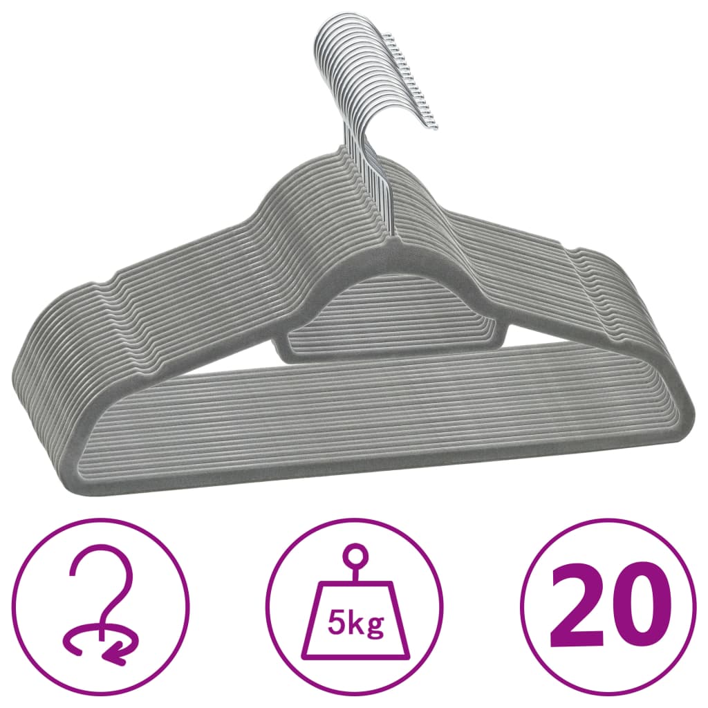 Vidaxl Velvet-Coated Clothes Hangers, 20 Pcs Set In Gray - Durable, Anti-Slip, With 360-Degree Rotatable Hook And Additional Hanging Bar