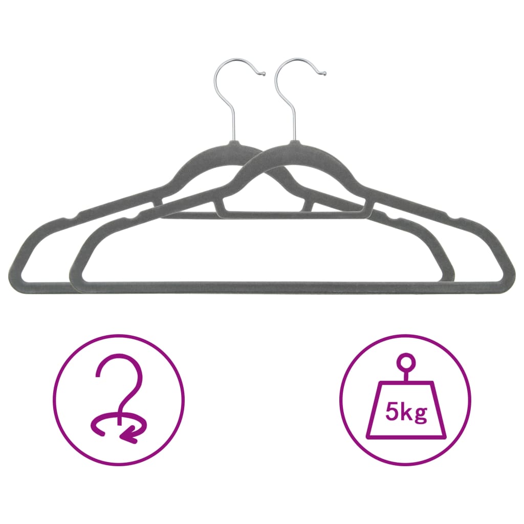 Vidaxl Velvet-Coated Clothes Hangers, 20 Pcs Set In Gray - Durable, Anti-Slip, With 360-Degree Rotatable Hook And Additional Hanging Bar